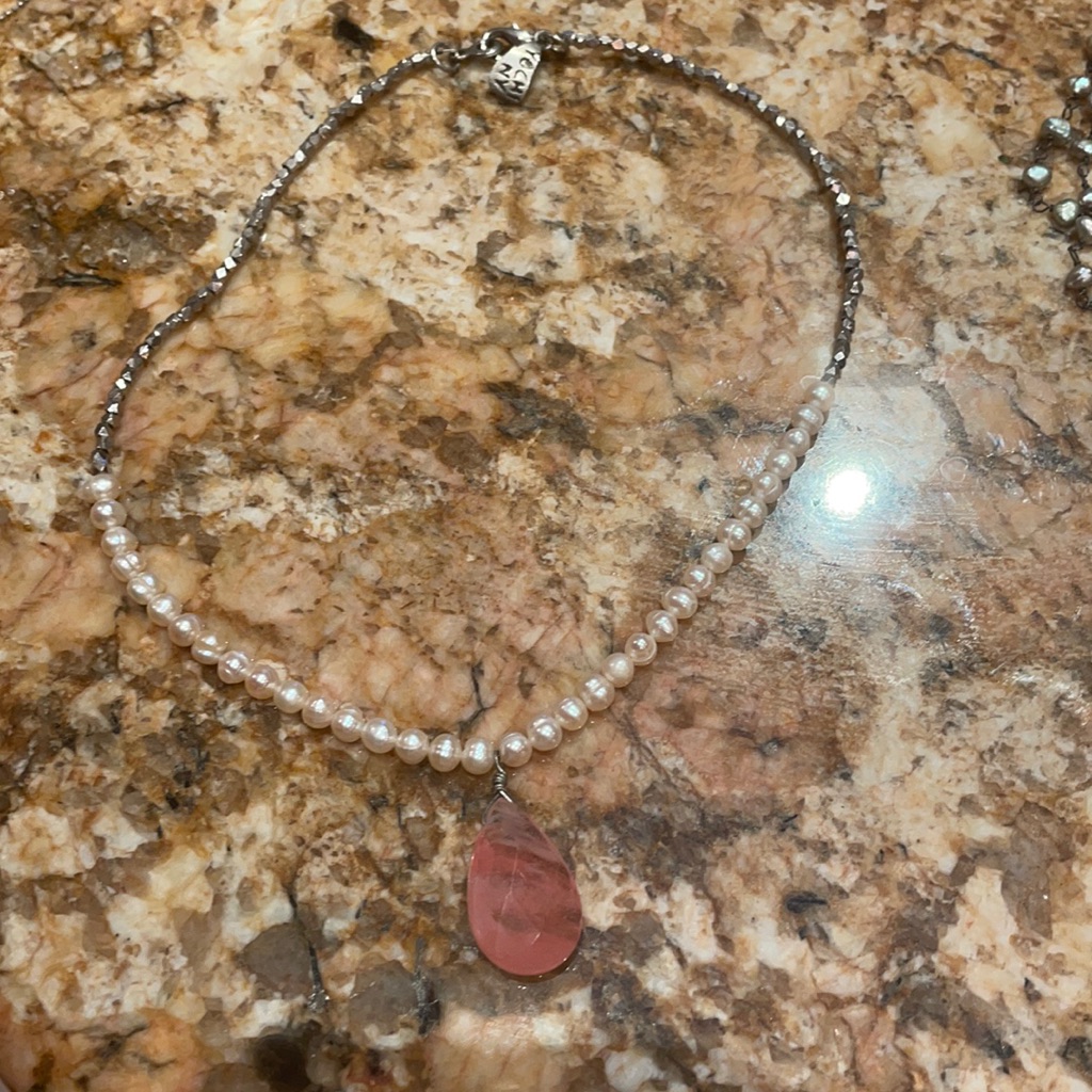 Yochi Ny Pink Gemstone Necklace Pearl Detail